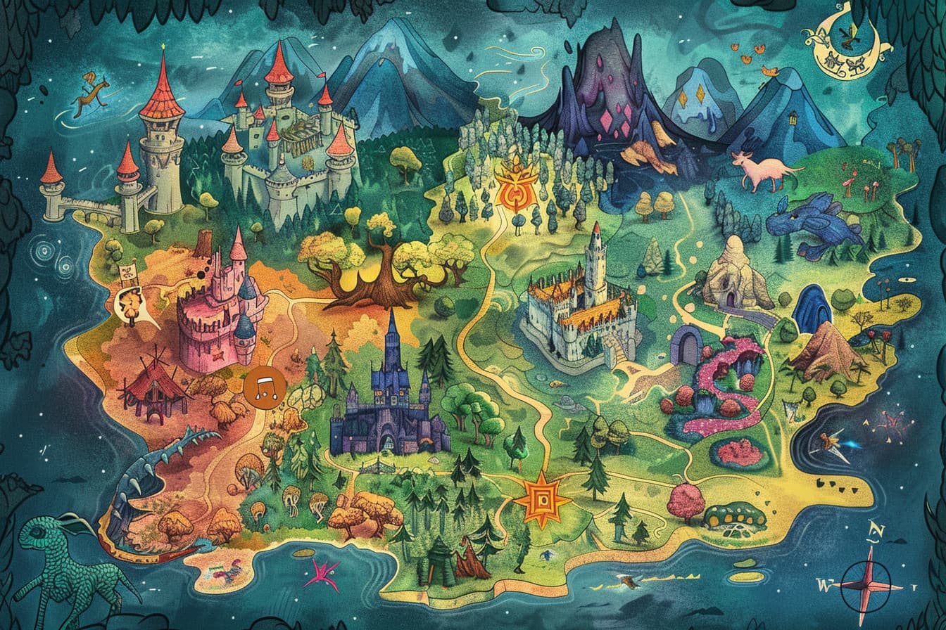 Map of a fairytale world with sea, mountains, castle, forest, and magical animals.